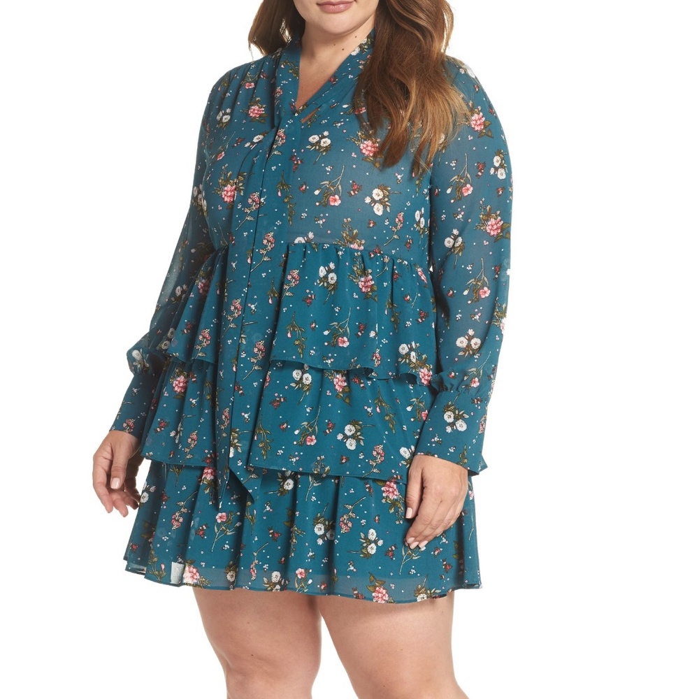 Chelsea28 Tiered Floral Tie Neck Dress 2X